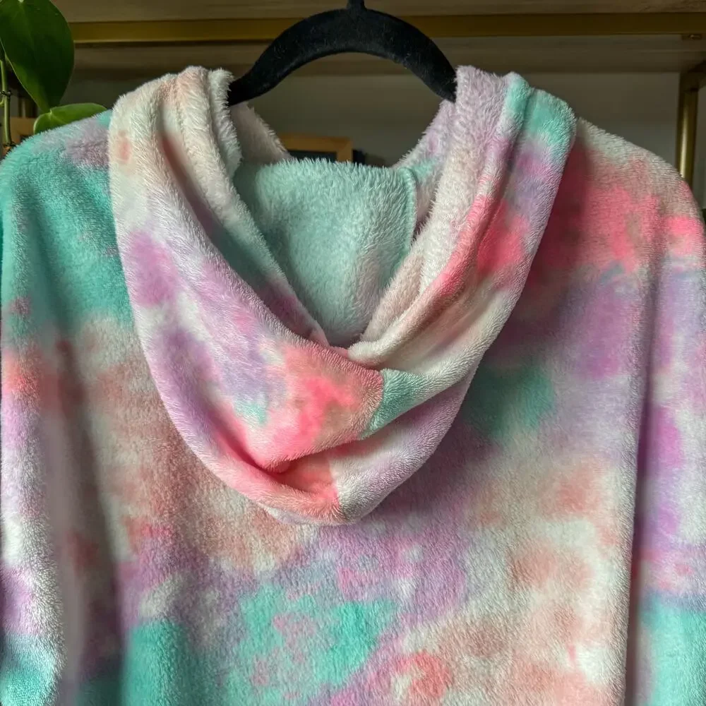 Justice Girls Plush Oversized Hoodie Sleep Shirt Tie Dye Lounge Wear Size S/M